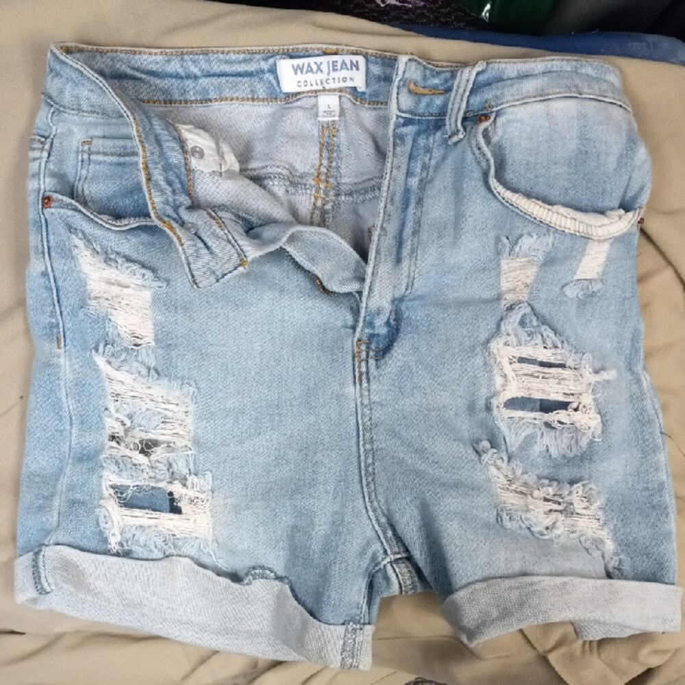 Wax Jean Light Blue Ripped Denim Shorts